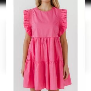 English Factory Women's Bright Pink Ruffle Sleeve Tiered Mini Dress